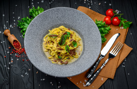 Homemade noodles with stewed veal. Serving food in a restaurant. pasta with meatの写真素材