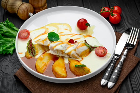 Chicken fillet in a creamy sauce with caramelized pear. healthy foodの写真素材
