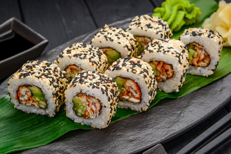 Appetizing sushi roll california with eel avocado cucumber and sesame seeds on a black stone plate.の写真素材