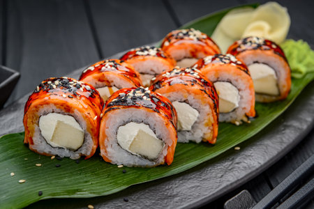 Sushi rolls with grilled salmon and mango. Traditional delicious fresh sushi roll set on a black background. Sushi menu. Japanese kitchen, restaurant. Asian foodの写真素材
