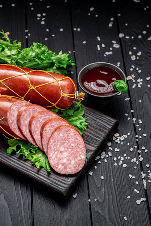 Smoked sausage on a dark background with spices, garlic and basil. salami.の写真素材