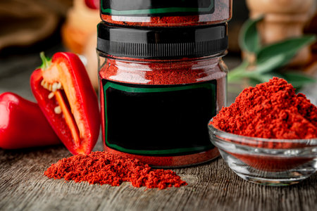 Dried red paprika poured into a box for sale. Dried spices. Photo for advertisingの写真素材