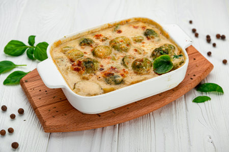 Fresh and beautiful Brussels sprout gratin. Serving food in a restaurant. Photo for the menuの写真素材