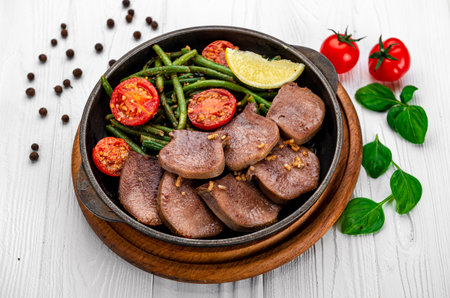 Fried beef tongue with green beans and tomatoes in a pan. Serving food in a restaurant. Photo for the menuの写真素材