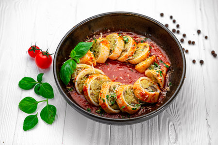 stuffed calamari. Squid stuffed with rice and vegetables in tomato sauce, cooked in tomato and wine sauceの写真素材