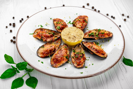 Baked mussels with cheese on plate. Mussels baked in shells with cheese and garlic. Serving food in a restaurant. Photo for the menuの写真素材