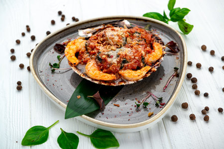 Shrimps baked in scallop shell with tomato sauce and vegetables. Serving food in a restaurant. Photo for the menuの写真素材
