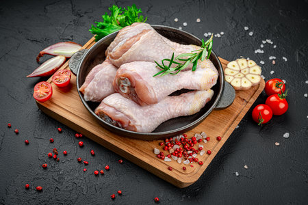 Fresh chicken drumsticks, legs with ingredients for cooking in a frying pan. Organic poultry meat. Black background. top viewの写真素材