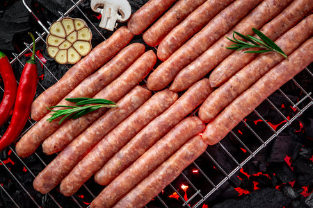Raw sausages on a hot charcoal grill. home picnic photoの写真素材
