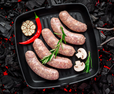 Raw stuffed sausages on srill pan. Hot coals of gilの写真素材