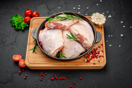 Raw chicken thigh on black background. Healthy food concept.の写真素材