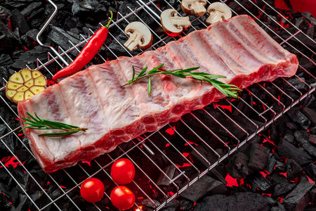Raw ribs on the grill, burning coals on the grill. home picnicの写真素材