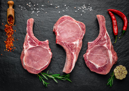 Fresh, raw pork steak with spices on a dark background. fresh meatの写真素材