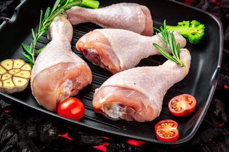 Raw chicken legs in a pan with vegetables and spices stand on a hot barbecue grillの写真素材