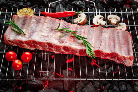 Raw ribs on the grill, burning coals on the grill. home picnicの写真素材