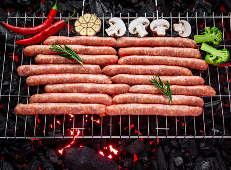 Raw sausages on a hot charcoal grill. home picnic photoの写真素材