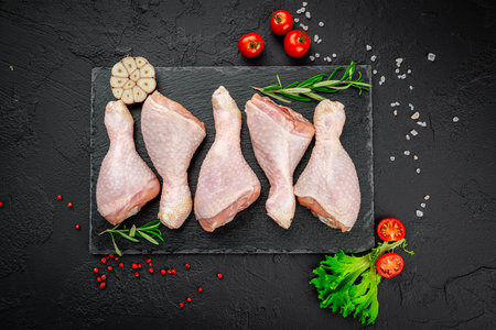 Raw chicken drumsticks with spices and vegetables. top view. Healthy food concept.の写真素材