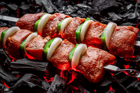 Fresh meat shish kebab cooked on charcoal. Shashlyk on the grillの写真素材