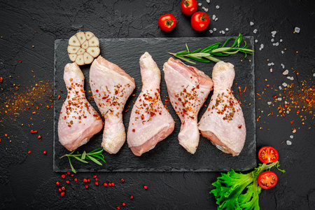 Raw chicken drumsticks with spices and vegetables. top view. Healthy food concept.の写真素材