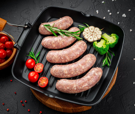 summer food. Raw homemade sausages with vegetables on a grill pan.の写真素材