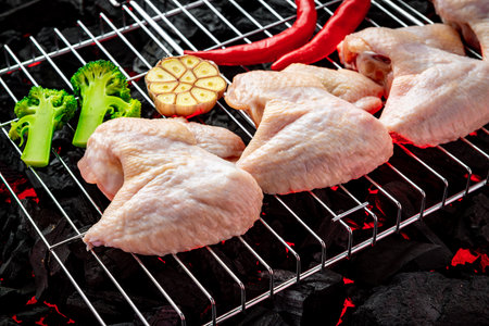 Raw chicken wings on the grill, hot coals of the grill. Barbecue and grilling. Very high resolution imageの写真素材