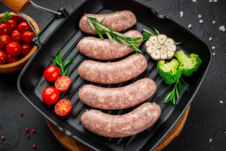 summer food. Raw homemade sausages with vegetables on a grill pan.の写真素材