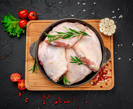 Raw chicken thigh on black background. Healthy food concept.の写真素材