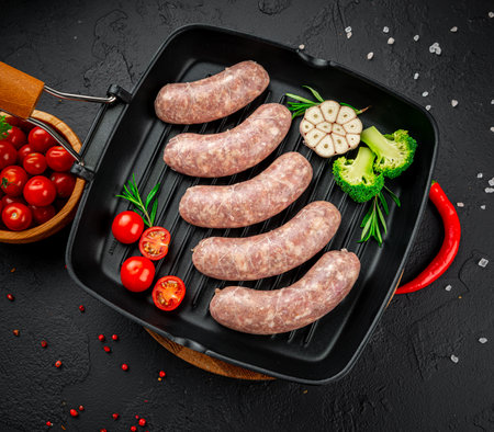 summer food. Raw homemade sausages with vegetables on a grill pan.の写真素材
