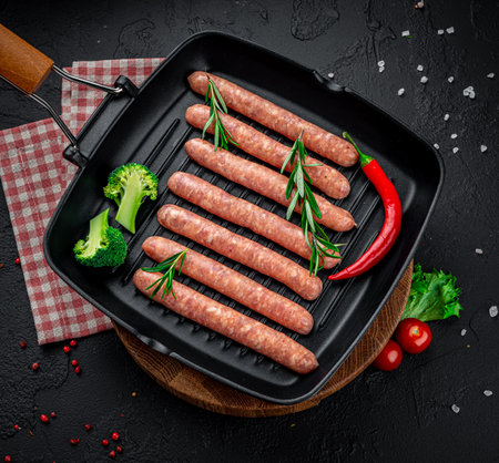 Raw meat sausages on a square grill pan, with herbs and spices. Munich sausagesの写真素材