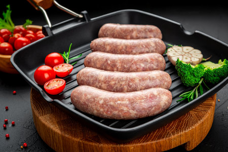 summer food. Raw homemade sausages with vegetables on a grill pan.の写真素材