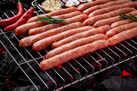 Raw sausages on a hot charcoal grill. home picnic photoの写真素材
