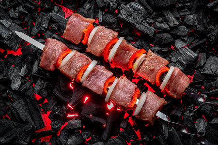 Fresh meat shish kebab cooked on charcoal. Shashlyk on the grillの写真素材