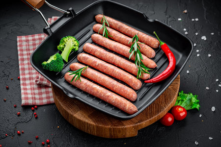 Raw meat sausages on a square grill pan, with herbs and spices. Munich sausagesの写真素材