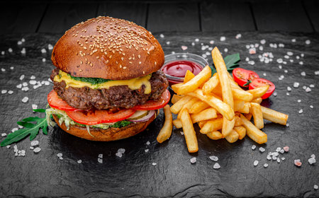 Burger with beef, hamburger with fries, dark backgroundの写真素材