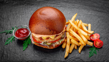 Chicken burger is served in a restaurant, dark backgroundの写真素材