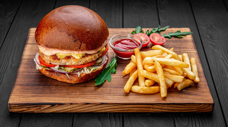 Chicken burger is served in a restaurant, dark backgroundの写真素材