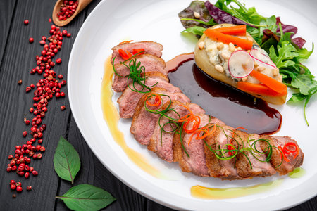Plate with duck breast and pear on a dark background, duck L'Orangeの写真素材