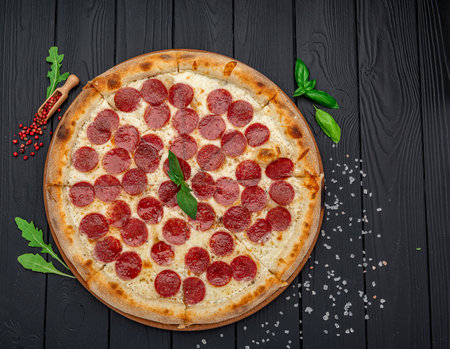 Homemade cheese pizza with salami, delicious pizza with cheddar. Italian food.の写真素材