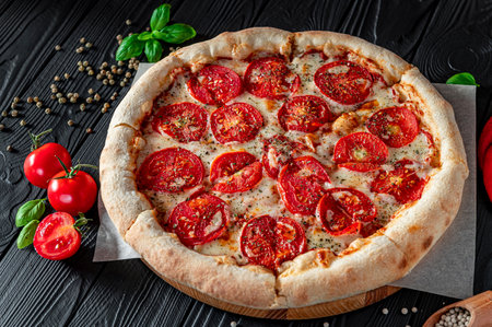 Pizza Margherita on black background, top view. Pizza Margarita with Tomatoes, Basil and Mozzarella Cheese close up.の写真素材