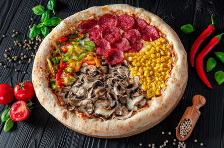 Tasty fresh pizza with four different pieces in one on wooden background. Top view of big pizza. Pizza with corn, mushrooms, pepperoni and sweet paprikaの写真素材