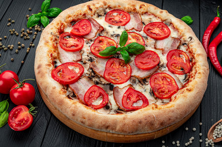 Tasty and big pizza with different types of meat. Top view of hot pizza.の写真素材