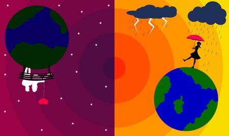 people on the background of planets stars and sunの写真素材