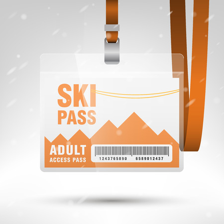 Ski pass vector illustration. Blank ski pass template with barcode in plastic holder with orange lanyard. Lift cable, mountains and snow on the background. Horizontal layout.のイラスト素材