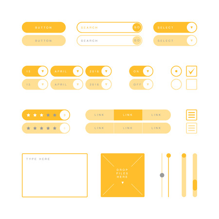 UI design elements vector. Button, search field, selector, checkbox, toggle, radio button, menu links, rating stars, text type field, drop files field, scroller etc.のイラスト素材