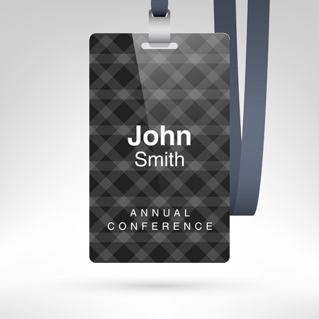 Conference badge with name tag placeholder. Blank badge template in plastic holder with lanyard. Vector illustration.のイラスト素材