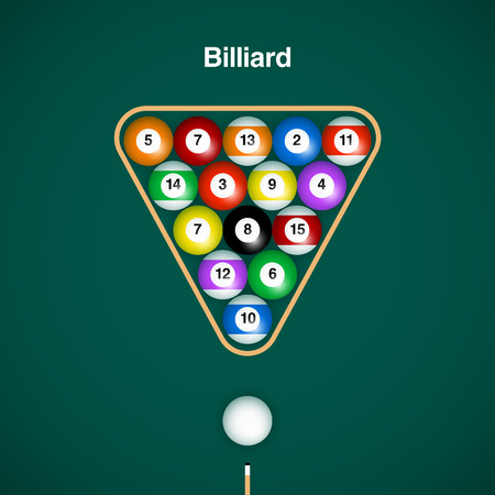Placed billiard balls on table with cue and triangle on green table background.のイラスト素材