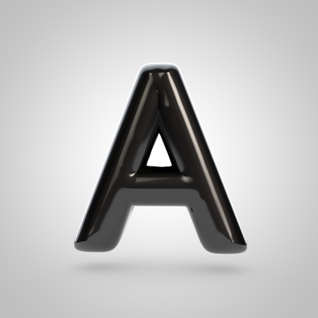Metallic paint black letter A uppercase. 3D rendering font with glint and lights reflections isolated on white background.の写真素材