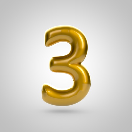 Metallic paint golden number 3. 3D rendering font with glint and lights reflections isolated on white background.の写真素材