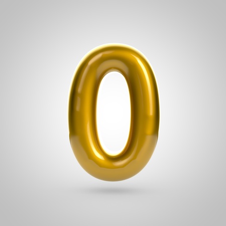Metallic paint golden number 0. 3D rendering font with glint and lights reflections isolated on white background.の写真素材