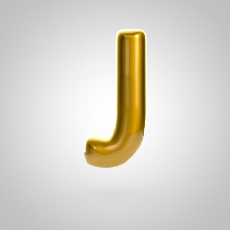 Metallic paint golden letter J uppercase. 3D rendering font with glint and lights reflections isolated on white background.の写真素材